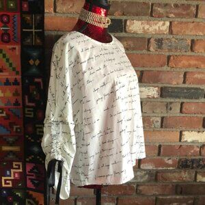 NANETTE LEPORE PRET PRETTY WHITE COTTON BLOUSE Top Written Text Print & Ribbon M